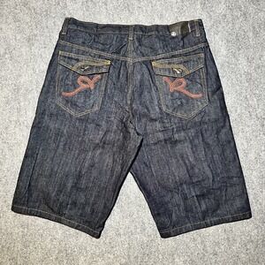 VTG Rocawear Y2K Baggy Fit Black Jean Shorts 42" X 16" Skater Hip Hop Double R